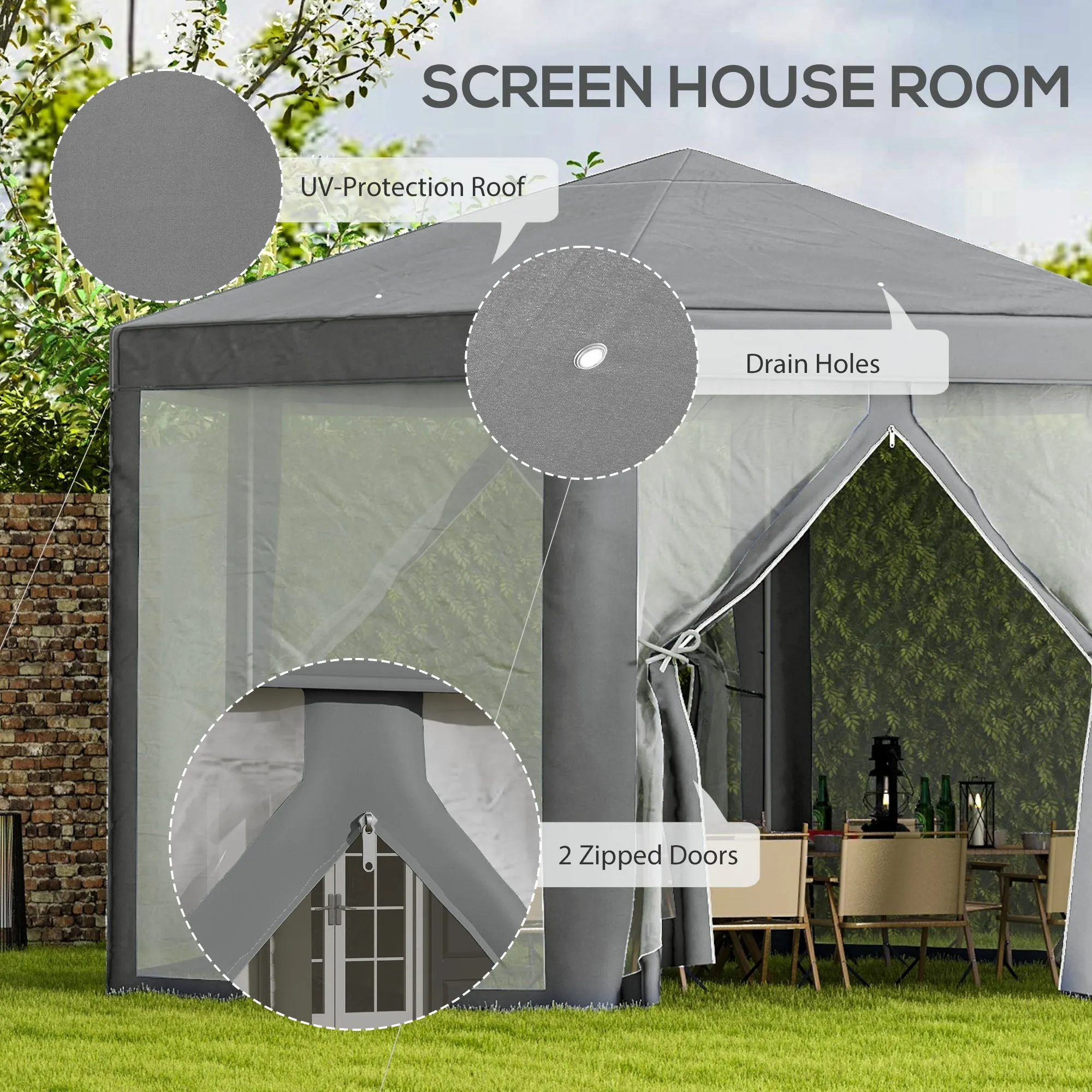 Hexagon Party Tent Patio Gazebo Outdoor Activity Event Canopy Quick Sun Shelter Pavilion with Netting Mesh Sidewall Dark Grey