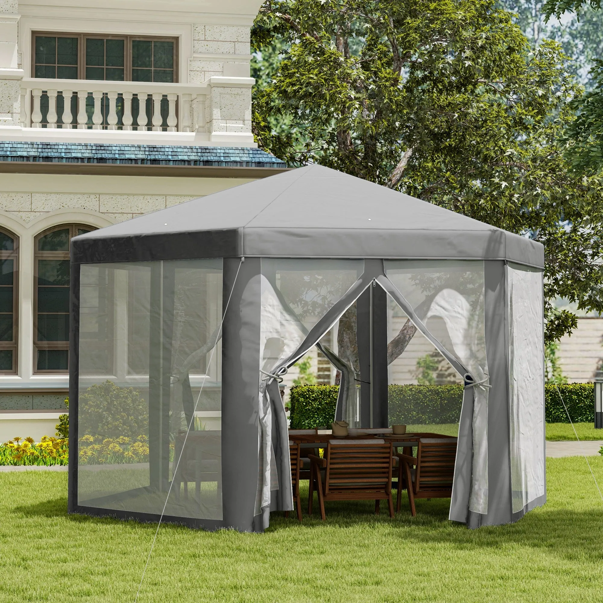 Hexagon Party Tent Patio Gazebo Outdoor Activity Event Canopy Quick Sun Shelter Pavilion with Netting Mesh Sidewall Dark Grey