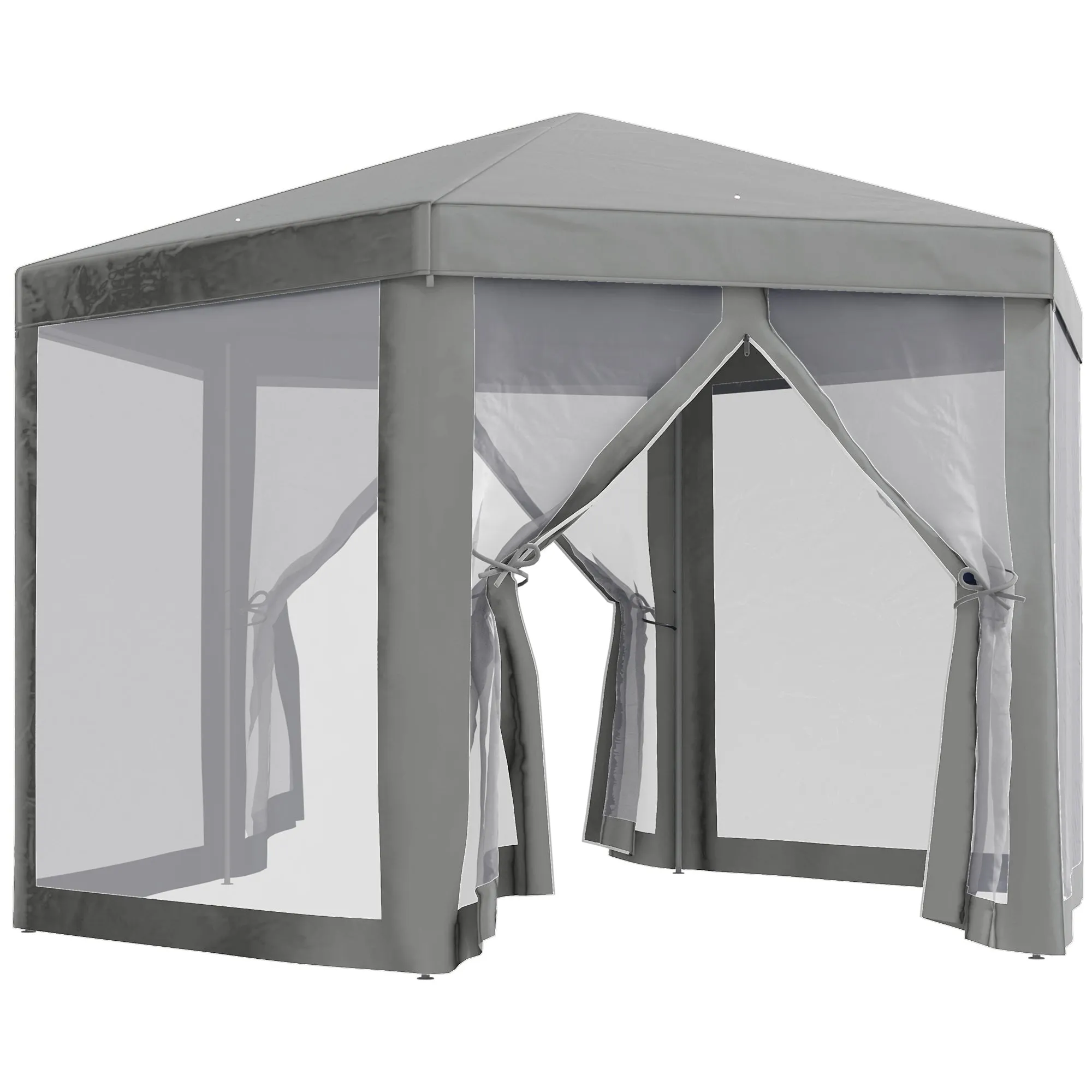 Hexagon Party Tent Patio Gazebo Outdoor Activity Event Canopy Quick Sun Shelter Pavilion with Netting Mesh Sidewall Dark Grey
