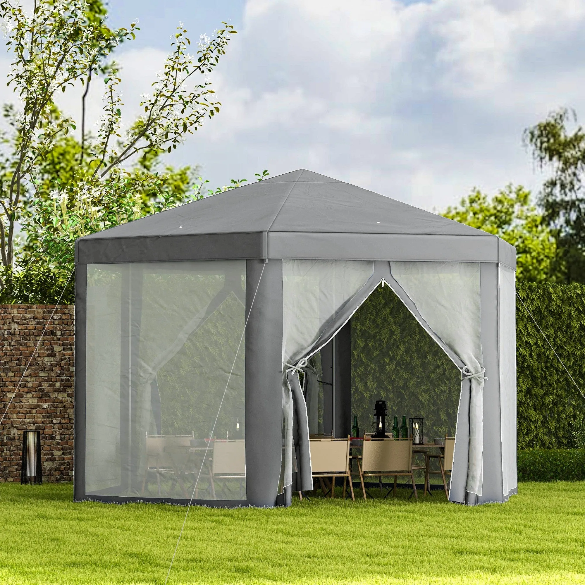 Hexagon Party Tent Patio Gazebo Outdoor Activity Event Canopy Quick Sun Shelter Pavilion with Netting Mesh Sidewall Dark Grey