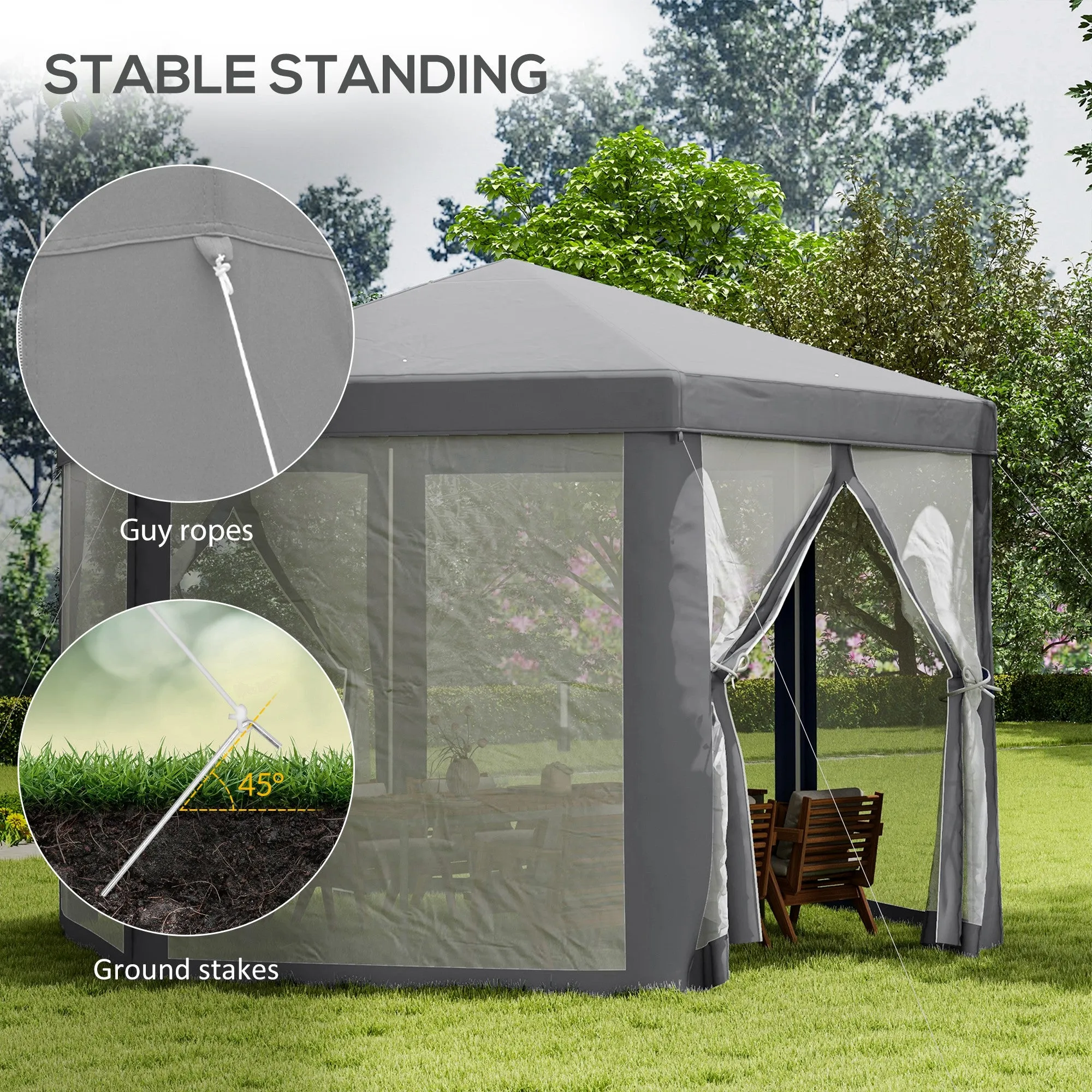 Hexagon Party Tent Patio Gazebo Outdoor Activity Event Canopy Quick Sun Shelter Pavilion with Netting Mesh Sidewall Dark Grey