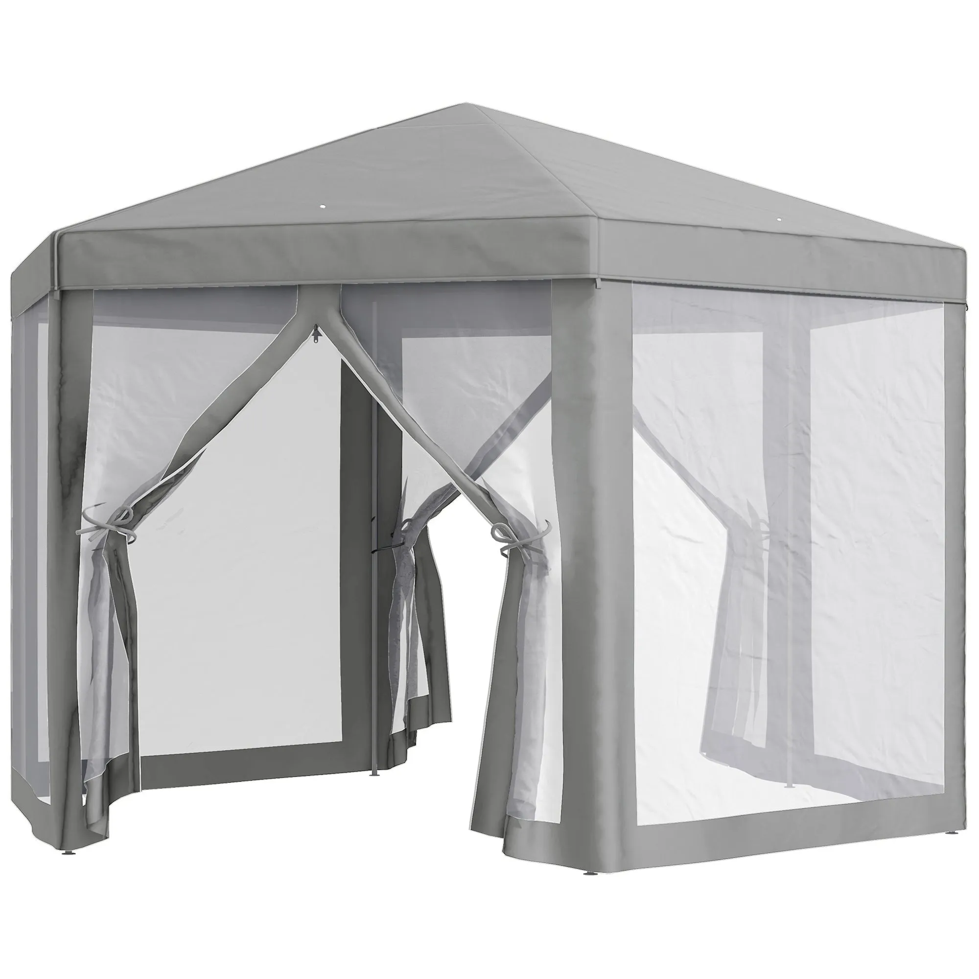 Hexagon Party Tent Patio Gazebo Outdoor Activity Event Canopy Quick Sun Shelter Pavilion with Netting Mesh Sidewall Dark Grey