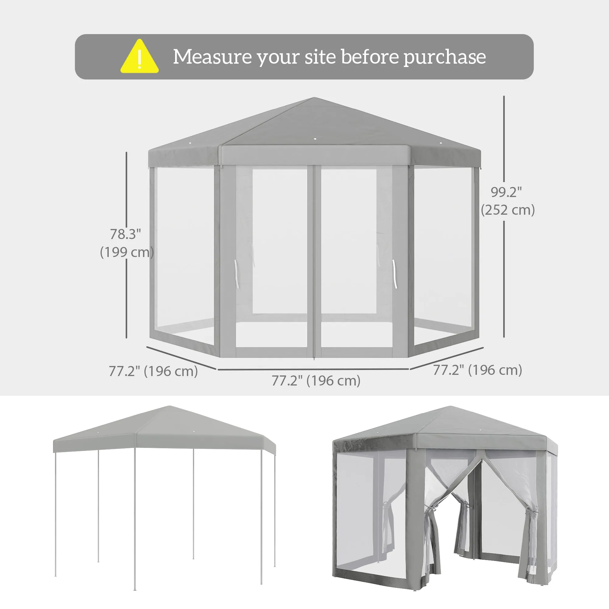 Hexagon Party Tent Patio Gazebo Outdoor Activity Event Canopy Quick Sun Shelter Pavilion with Netting Mesh Sidewall Dark Grey