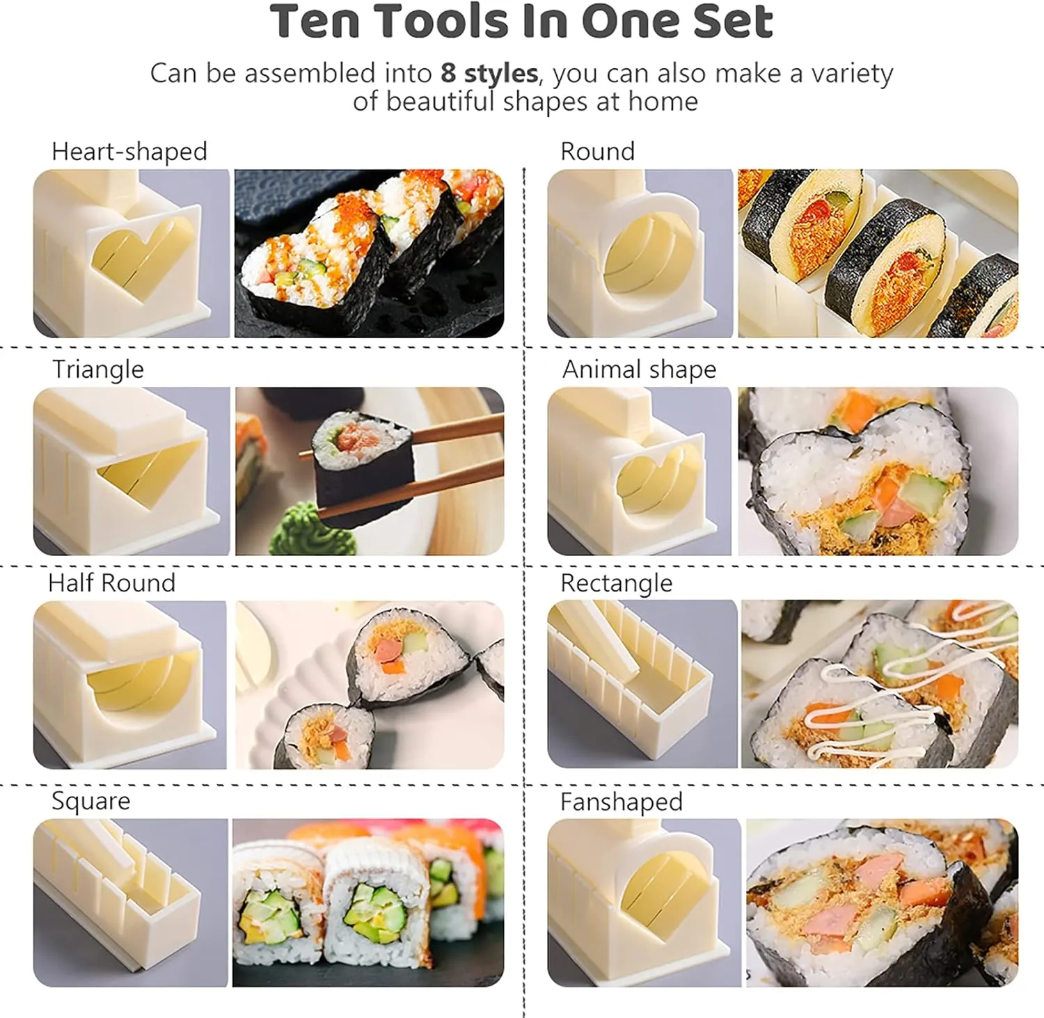 HI NINGER Sushi Making Kit Deluxe Edition Heart Sushi Mold Press with 8 Sushi Rice Roll Mold Shapes 1 Fork 1 Spatula 1 Sushi Knife, Complete Sushi Maker Kit 12PCS DIY Home Sushi Tool