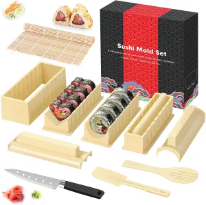 HI NINGER Sushi Making Kit Deluxe Edition Heart Sushi Mold Press with 8 Sushi Rice Roll Mold Shapes 1 Fork 1 Spatula 1 Sushi Knife, Complete Sushi Maker Kit 12PCS DIY Home Sushi Tool