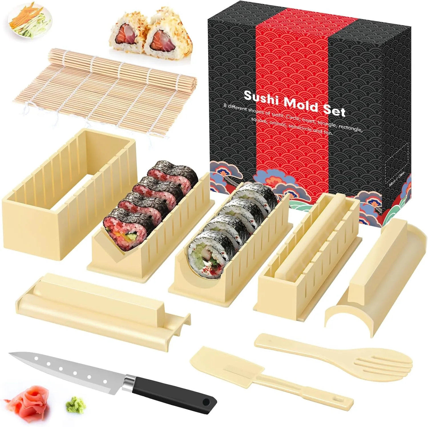 HI NINGER Sushi Making Kit Deluxe Edition Heart Sushi Mold Press with 8 Sushi Rice Roll Mold Shapes 1 Fork 1 Spatula 1 Sushi Knife, Complete Sushi Maker Kit 12PCS DIY Home Sushi Tool