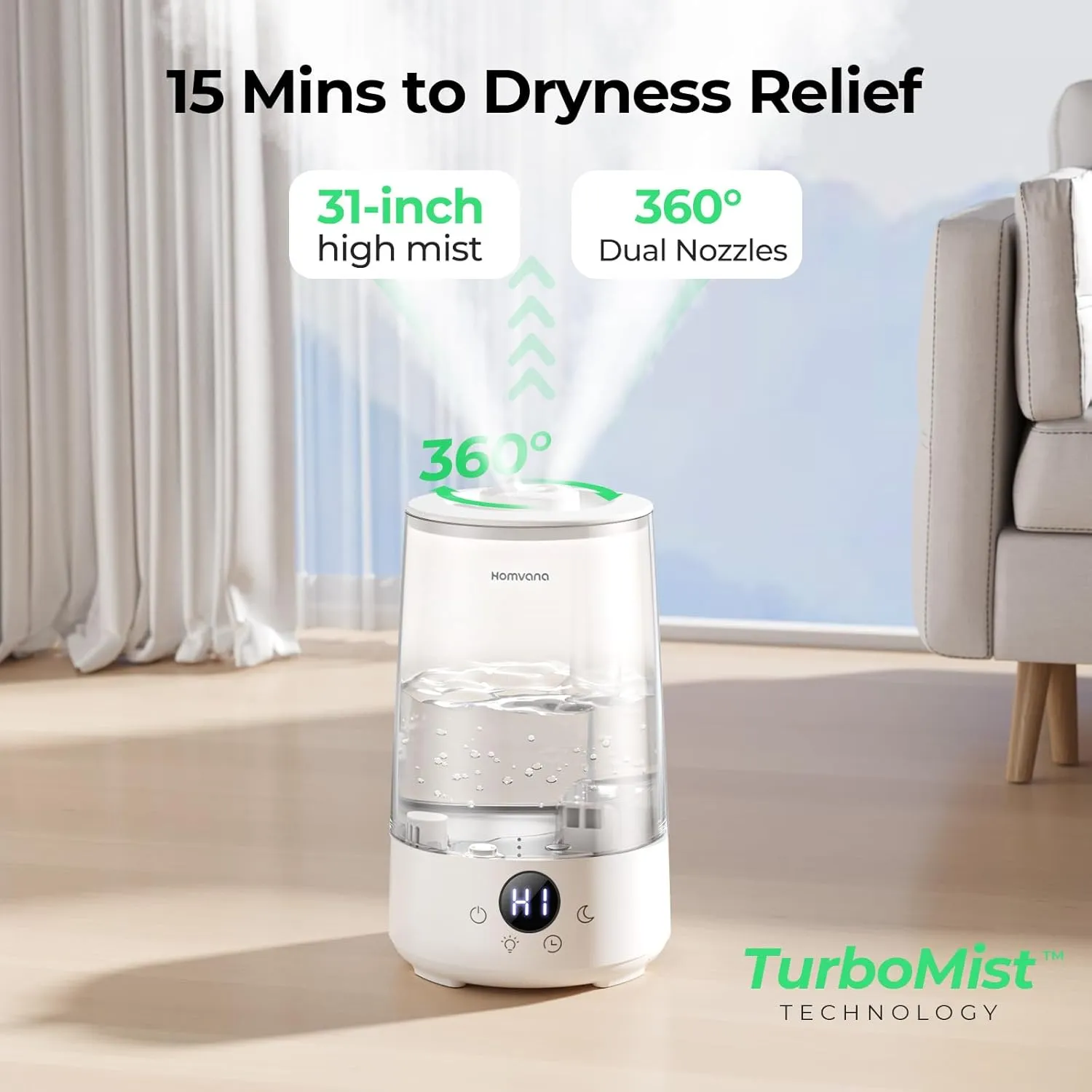 Homvana 3.6L Cool Mist Humidifiers for Bedroom, Large Room, House, Office, Living Room, 34H Top Fill, Aroma, Essential Oil Diffuser for Home, Portable Mini Air Humidifier for Hotel Scent (Transparent)