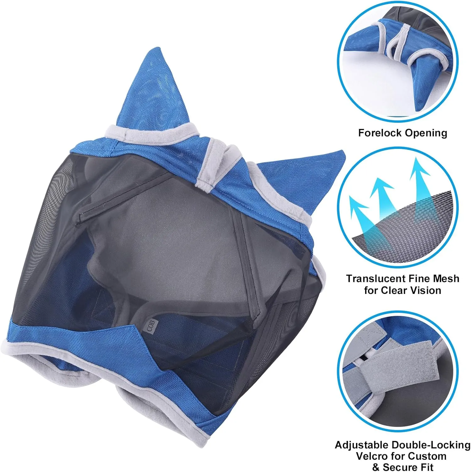 Horse Fly Mask with Ears Cover | Forelock Opening for Tangle-Free Mane Care | UV Protection & Breathable Mesh | No Rub Fit and Enhanced Visbility for Trail Riding RoyalBlue Full