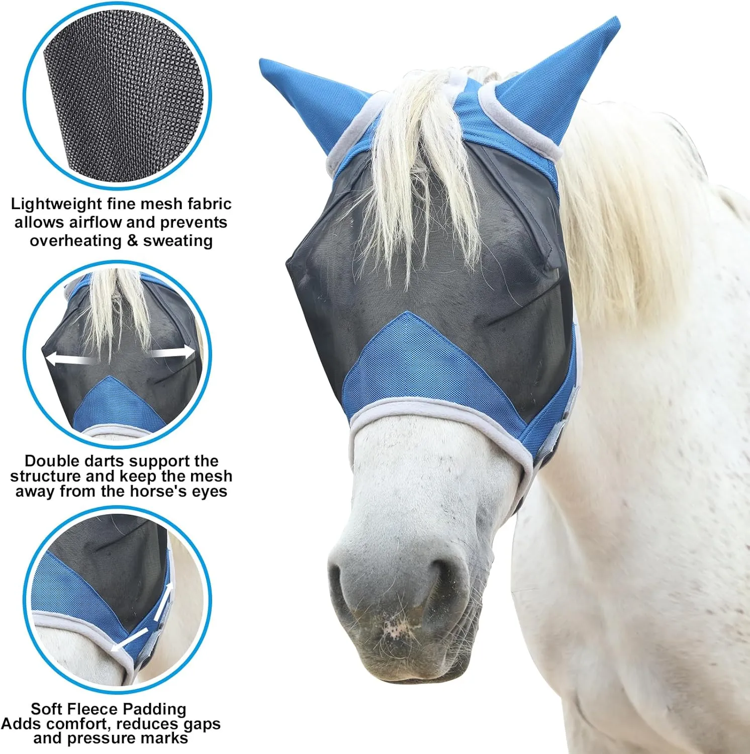 Horse Fly Mask with Ears Cover | Forelock Opening for Tangle-Free Mane Care | UV Protection & Breathable Mesh | No Rub Fit and Enhanced Visbility for Trail Riding RoyalBlue Full