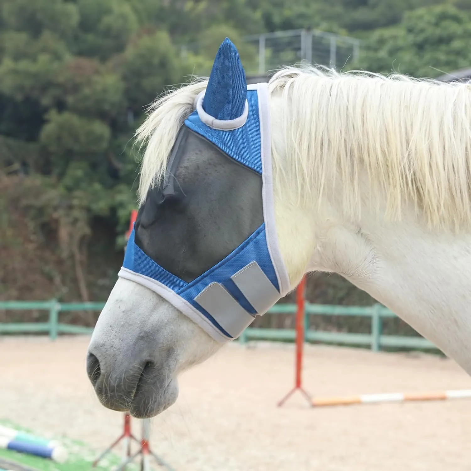 Horse Fly Mask with Ears Cover | Forelock Opening for Tangle-Free Mane Care | UV Protection & Breathable Mesh | No Rub Fit and Enhanced Visbility for Trail Riding RoyalBlue Full