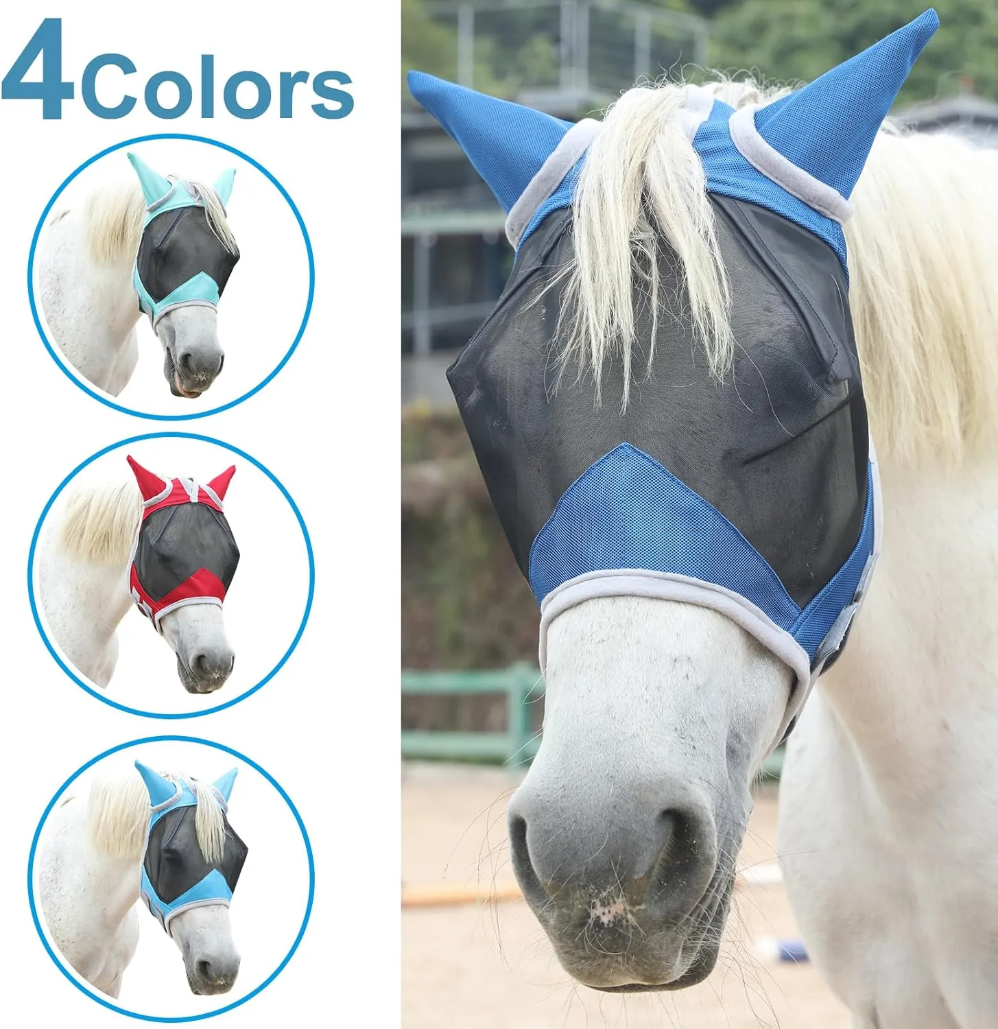 Horse Fly Mask with Ears Cover | Forelock Opening for Tangle-Free Mane Care | UV Protection & Breathable Mesh | No Rub Fit and Enhanced Visbility for Trail Riding RoyalBlue Full
