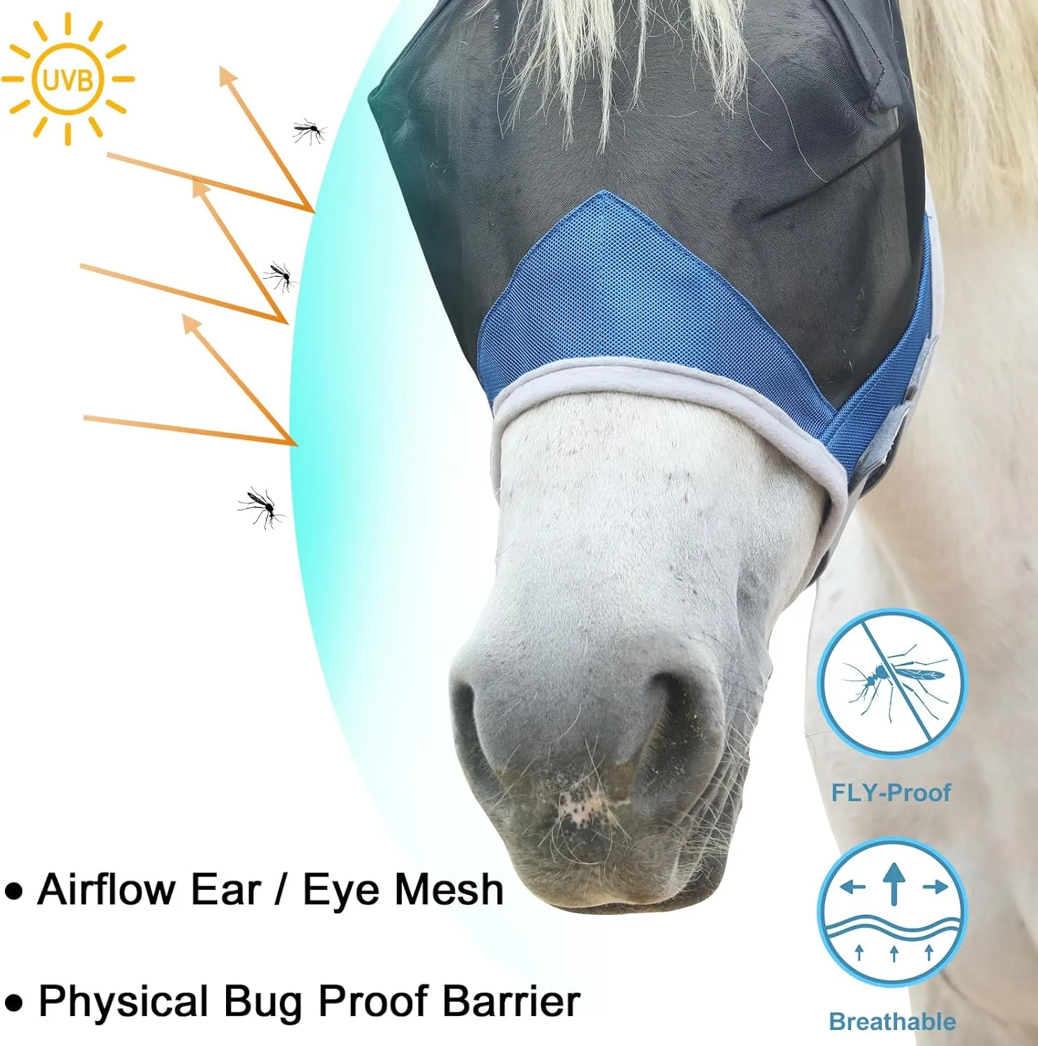 Horse Fly Mask with Ears Cover | Forelock Opening for Tangle-Free Mane Care | UV Protection & Breathable Mesh | No Rub Fit and Enhanced Visbility for Trail Riding RoyalBlue Full