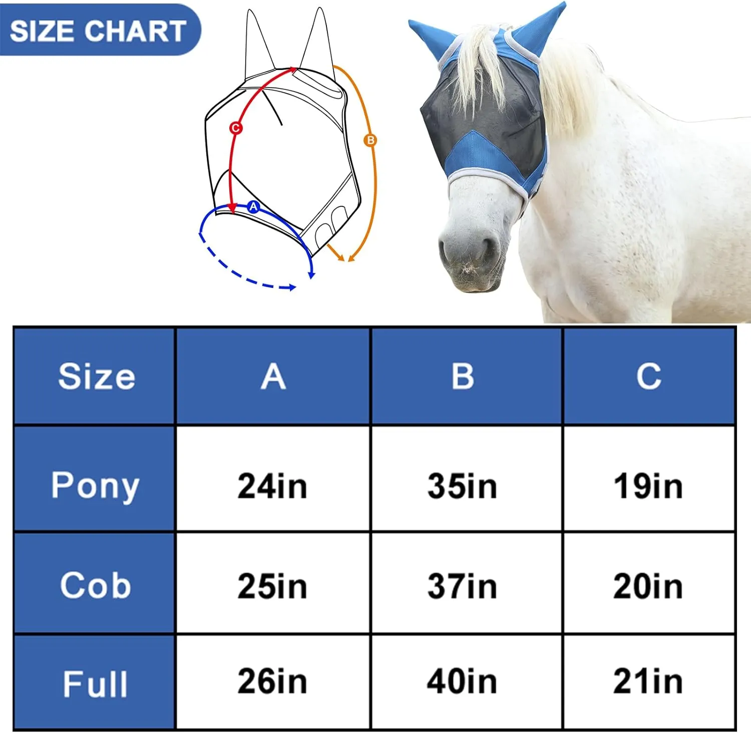 Horse Fly Mask with Ears Cover | Forelock Opening for Tangle-Free Mane Care | UV Protection & Breathable Mesh | No Rub Fit and Enhanced Visbility for Trail Riding RoyalBlue Full