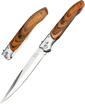 HUAAO 12"" Large Push Button Lock Pocket Knife,SpeedSafe Assisted Slide Safety Lock Folder Opening,Pakkawood Handle Outdoor Portable EDC Tool,Gift Nylon Sheath