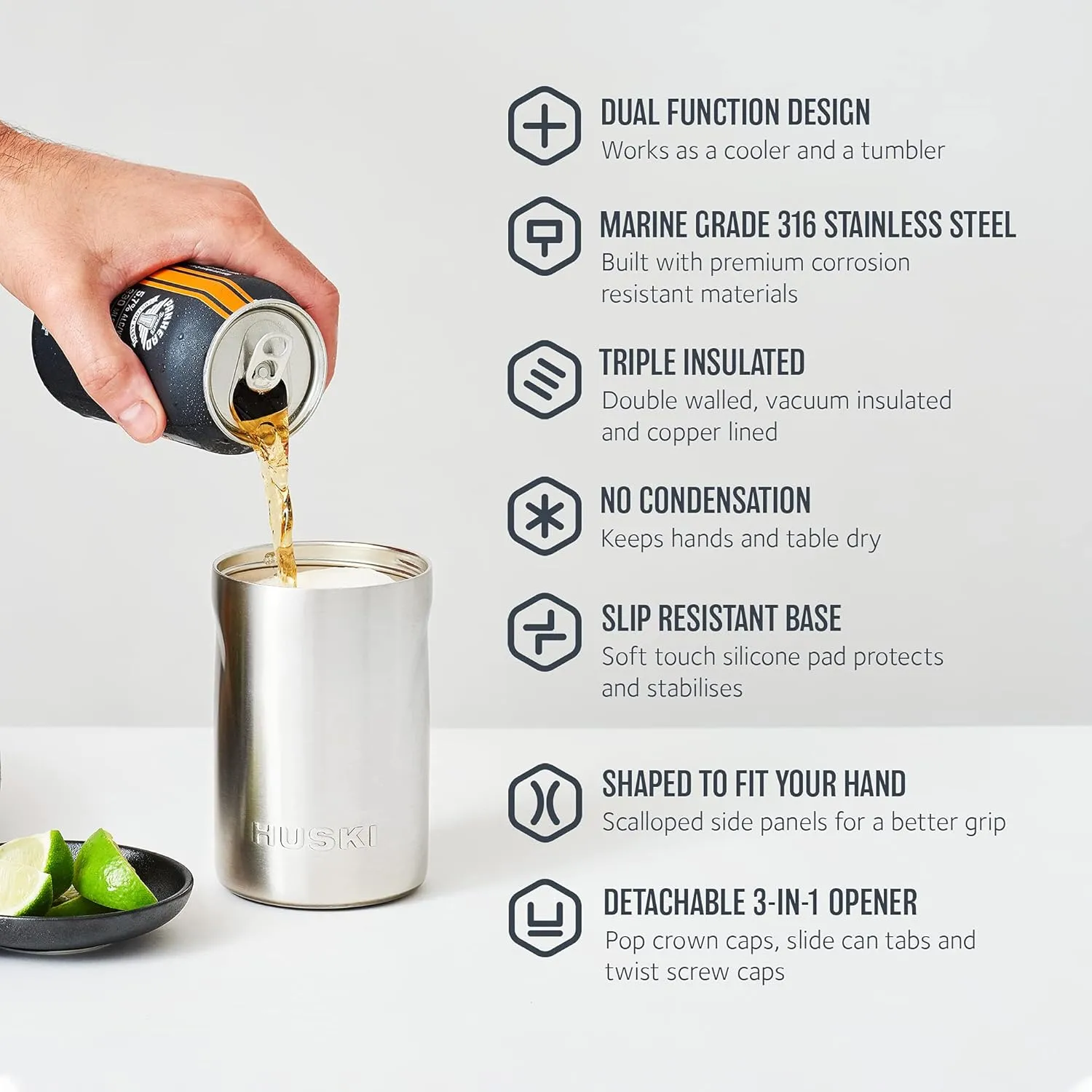 Huski Beer Cooler 2.0 | NEW | Premium Can and Bottle Holder | Triple Insulated Marine Grade Stainless Steel | Detachable 3-in-1 Opener | Works as a Tumbler | Best Gifts for Beer Lovers (Stainless)