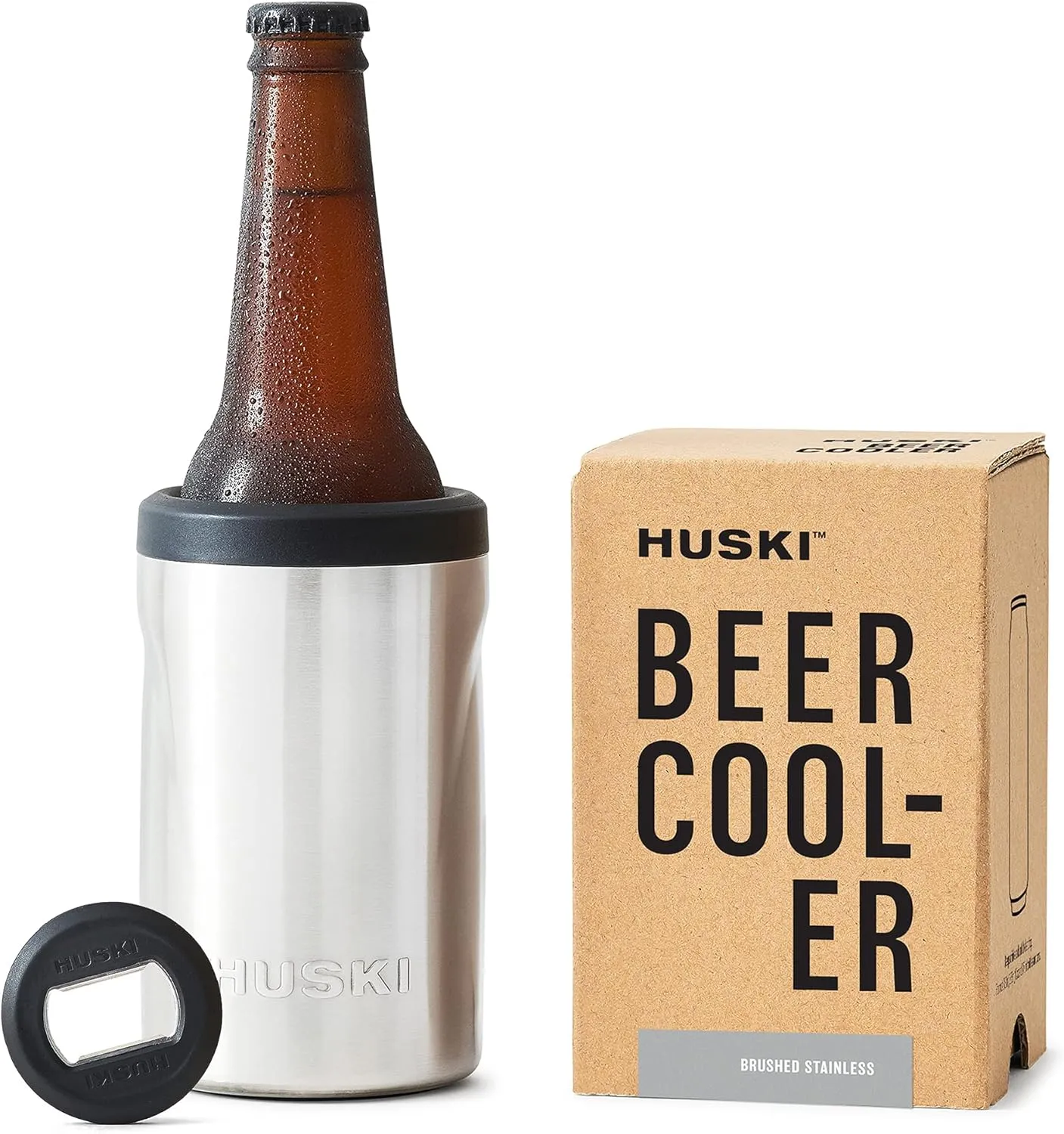 Huski Beer Cooler 2.0 | NEW | Premium Can and Bottle Holder | Triple Insulated Marine Grade Stainless Steel | Detachable 3-in-1 Opener | Works as a Tumbler | Best Gifts for Beer Lovers (Stainless)