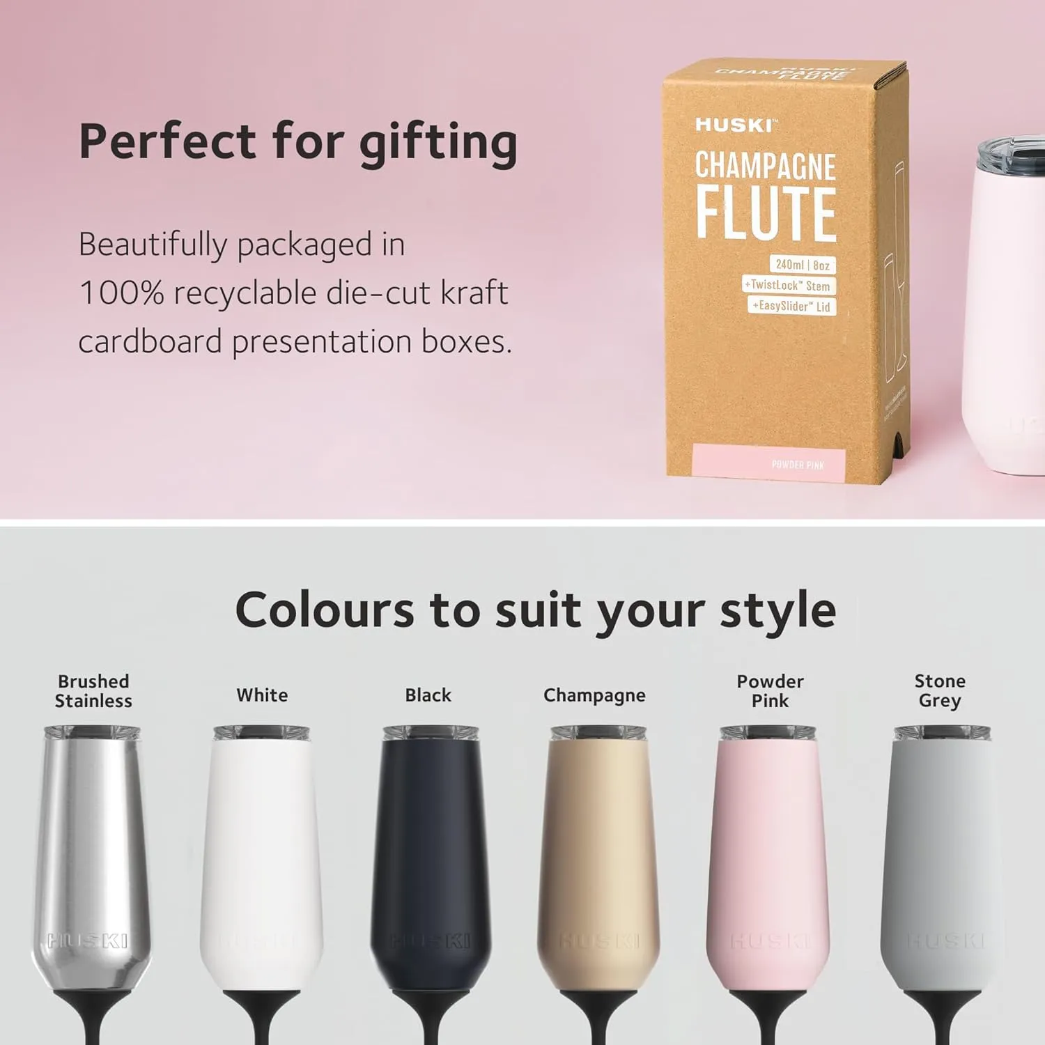 Huski Champagne Flute | NEW | Award-winning Design with Detachable Stem | Premium Stainless Steel Champagne Glass with Lid | Triple Insulated Tumbler | 8oz Capacity | Great Gift (Powder Pink)
