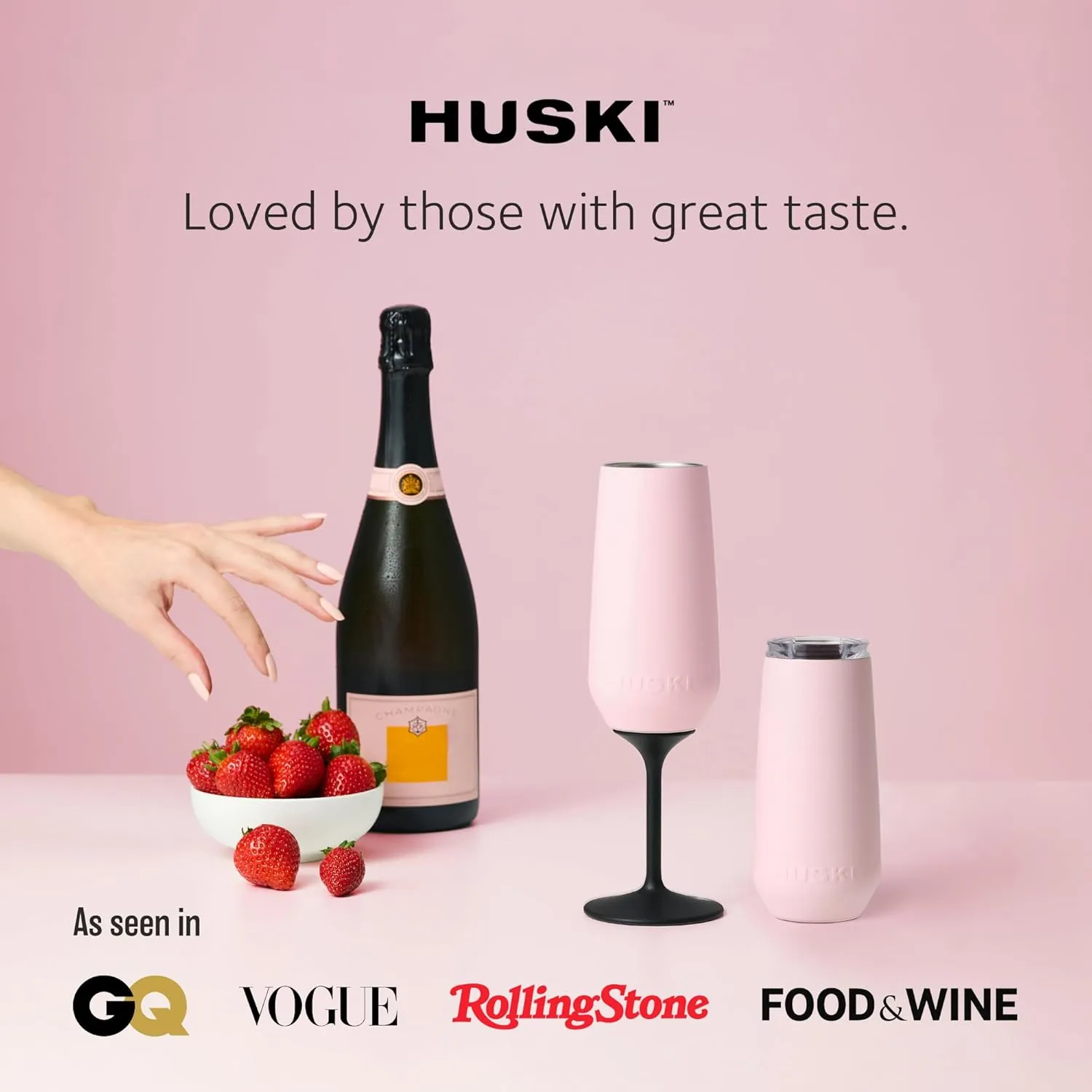 Huski Champagne Flute | NEW | Award-winning Design with Detachable Stem | Premium Stainless Steel Champagne Glass with Lid | Triple Insulated Tumbler | 8oz Capacity | Great Gift (Powder Pink)