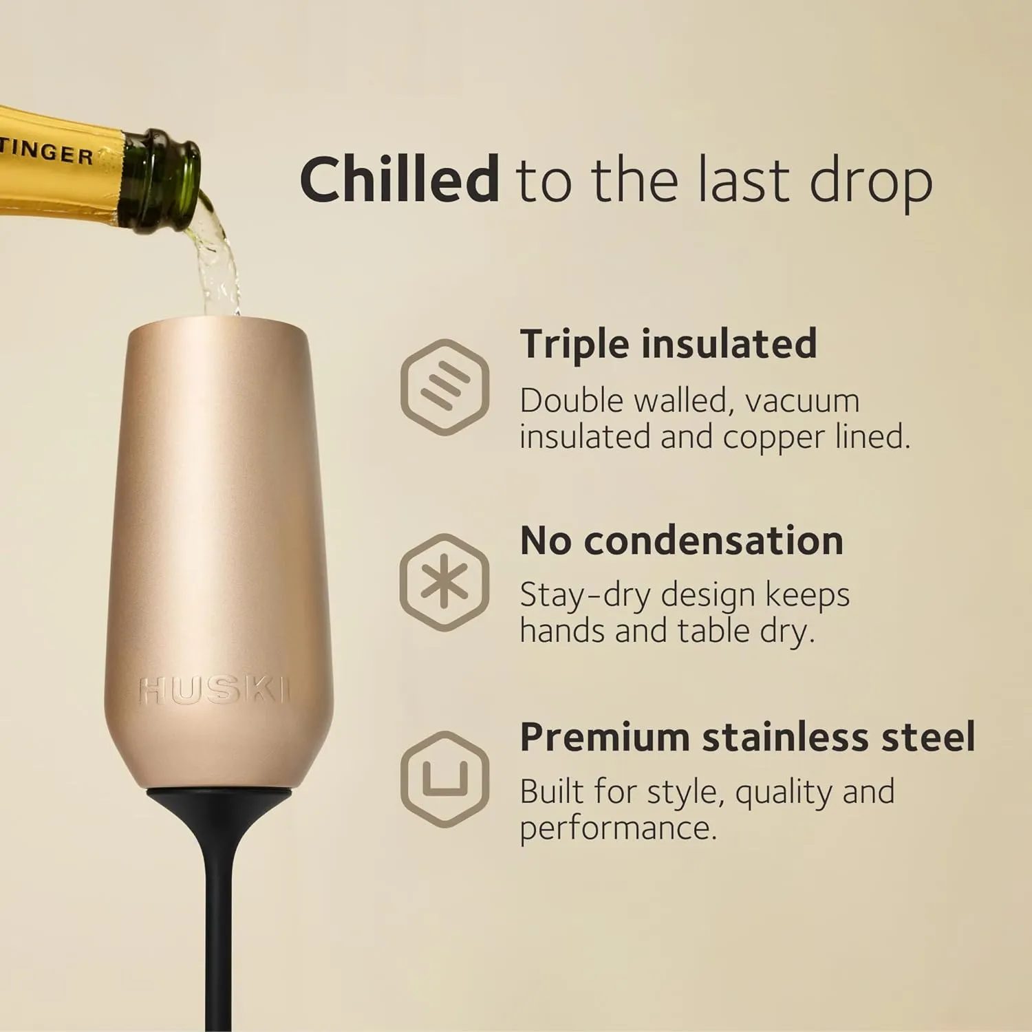 Huski Champagne Flute | NEW | Award-winning Design with Detachable Stem | Premium Stainless Steel Champagne Glass with Lid | Triple Insulated Tumbler | 8oz Capacity | Great Gift (Powder Pink)