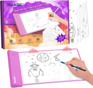 IMAGE Light Up Tracing Pad Pink Drawing Tablet Coloring Board for Kids Children to for Girls Boy (includes 10 Traceable Sheets and Two Clips)