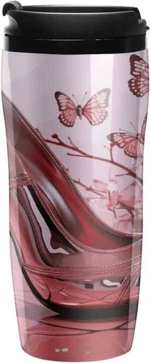 Insulated Coffee Mug,Pink High Heeled Shoes Butterfly Printed Coffee Travel Mug Spill Proof with Lid,thermos Cups for Adults Hot And Cold,Coffee Mugs for Ice & Hot Drink