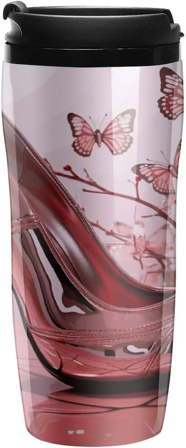 Insulated Coffee Mug,Pink High Heeled Shoes Butterfly Printed Coffee Travel Mug Spill Proof with Lid,thermos Cups for Adults Hot And Cold,Coffee Mugs for Ice & Hot Drink