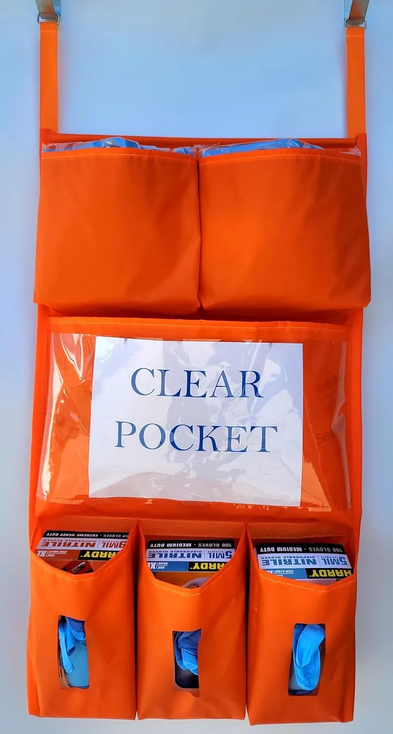 It's Sew EZ Personal Protection Equipment (PPE) Isolation Door Caddy - 6 Pockets - NFPA-701 Fire Retardant Nylon Oxford with Two Stainless Steel Hooks included (Orange, 6 pockets)