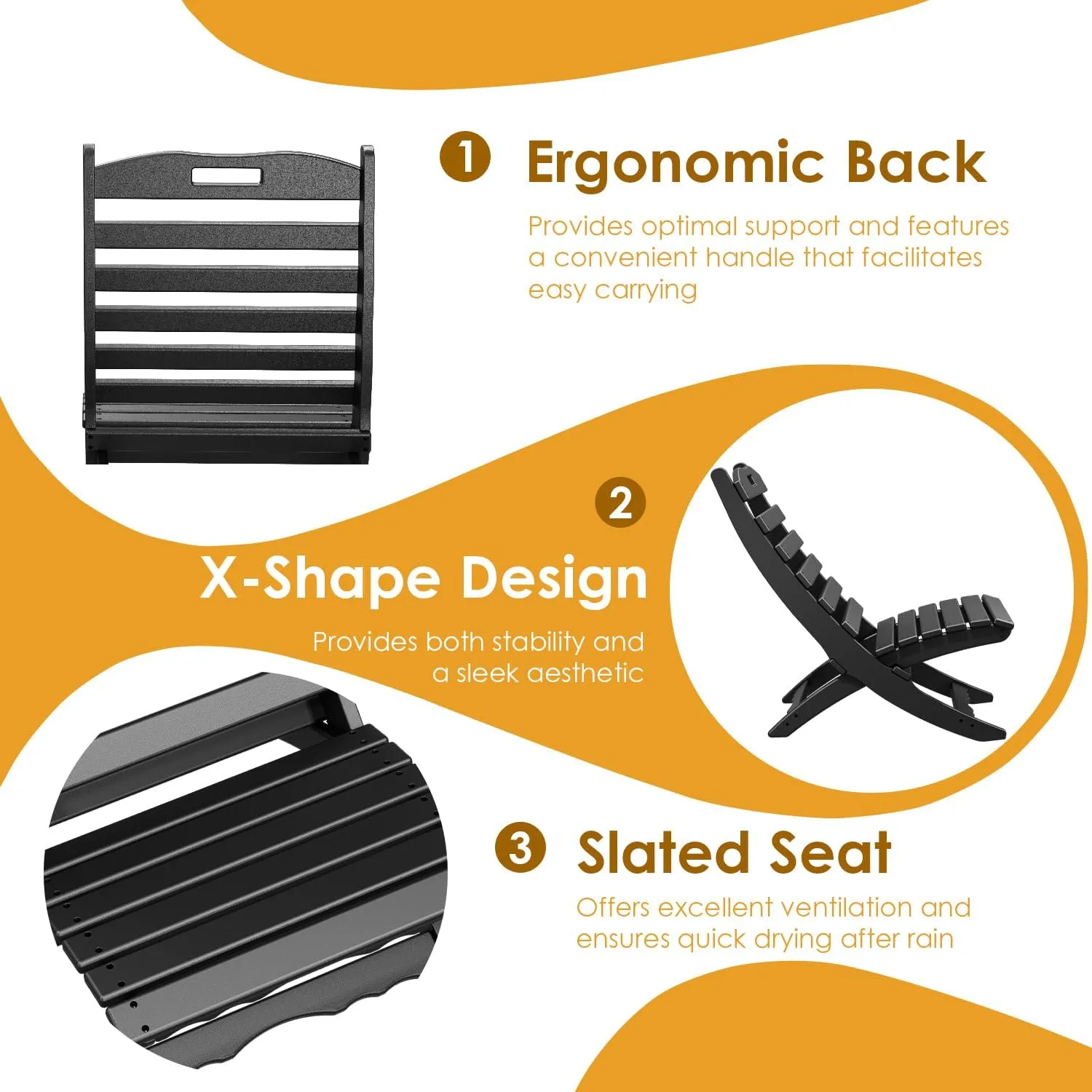IVY&LANE Portable Xavier-Chair | Folding-Adirondack-Chairs | Wave | HDPE Plastic | Black | All-Weather Resistant | for Outdoor Fire-Pit Patio Lawn Beach Poolside