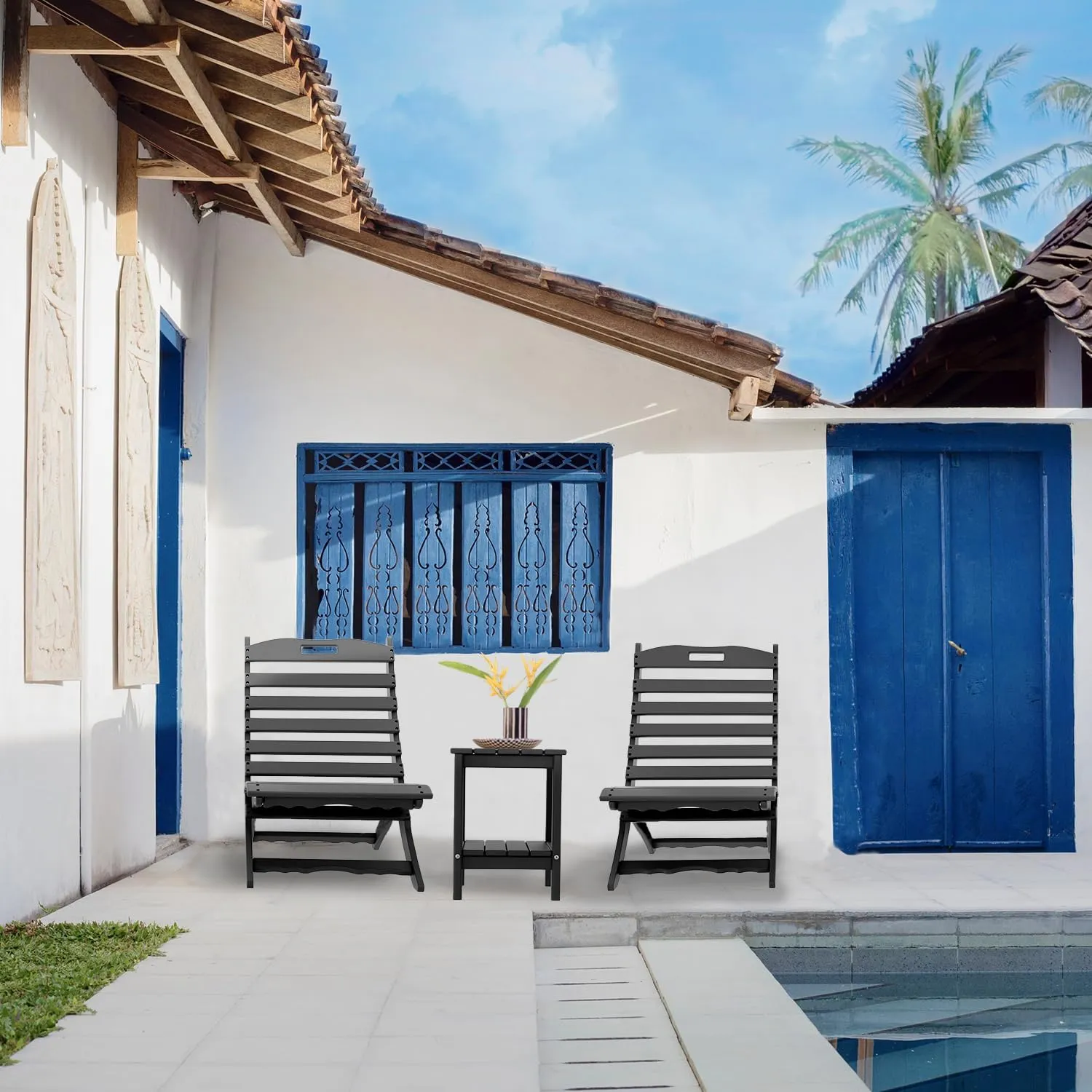IVY&LANE Portable Xavier-Chair | Folding-Adirondack-Chairs | Wave | HDPE Plastic | Black | All-Weather Resistant | for Outdoor Fire-Pit Patio Lawn Beach Poolside