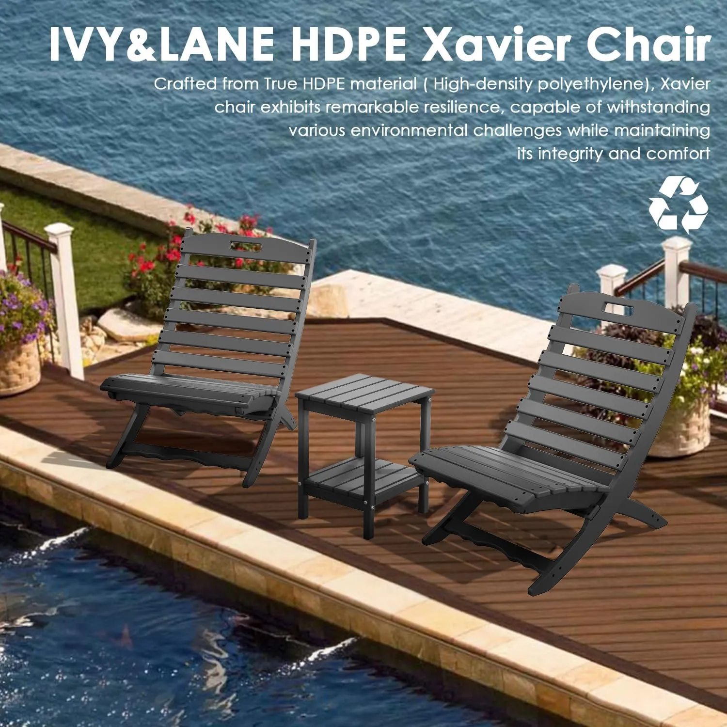 IVY&LANE Portable Xavier-Chair | Folding-Adirondack-Chairs | Wave | HDPE Plastic | Black | All-Weather Resistant | for Outdoor Fire-Pit Patio Lawn Beach Poolside