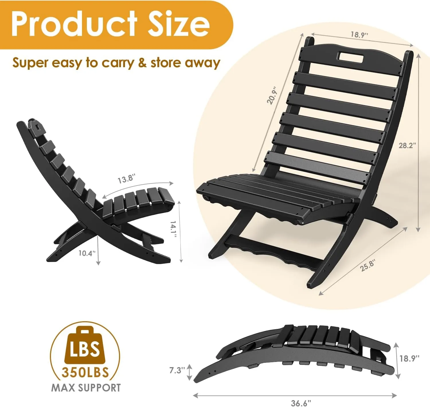 IVY&LANE Portable Xavier-Chair | Folding-Adirondack-Chairs | Wave | HDPE Plastic | Black | All-Weather Resistant | for Outdoor Fire-Pit Patio Lawn Beach Poolside