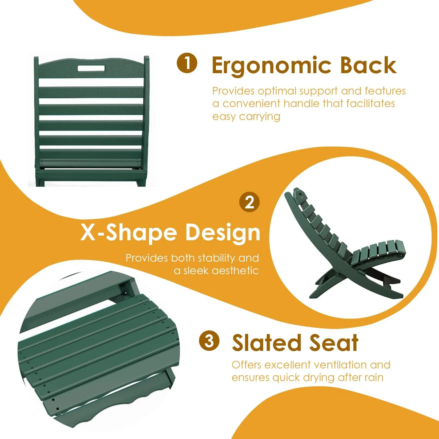 IVY&LANE Portable Xavier-Chair | Folding-Adirondack-Chairs | Wave | HDPE Plastic | Limited Edition | Forest Green | All-Weather Resistant | for Outdoor Fire-Pit Patio Lawn Beach Poolside