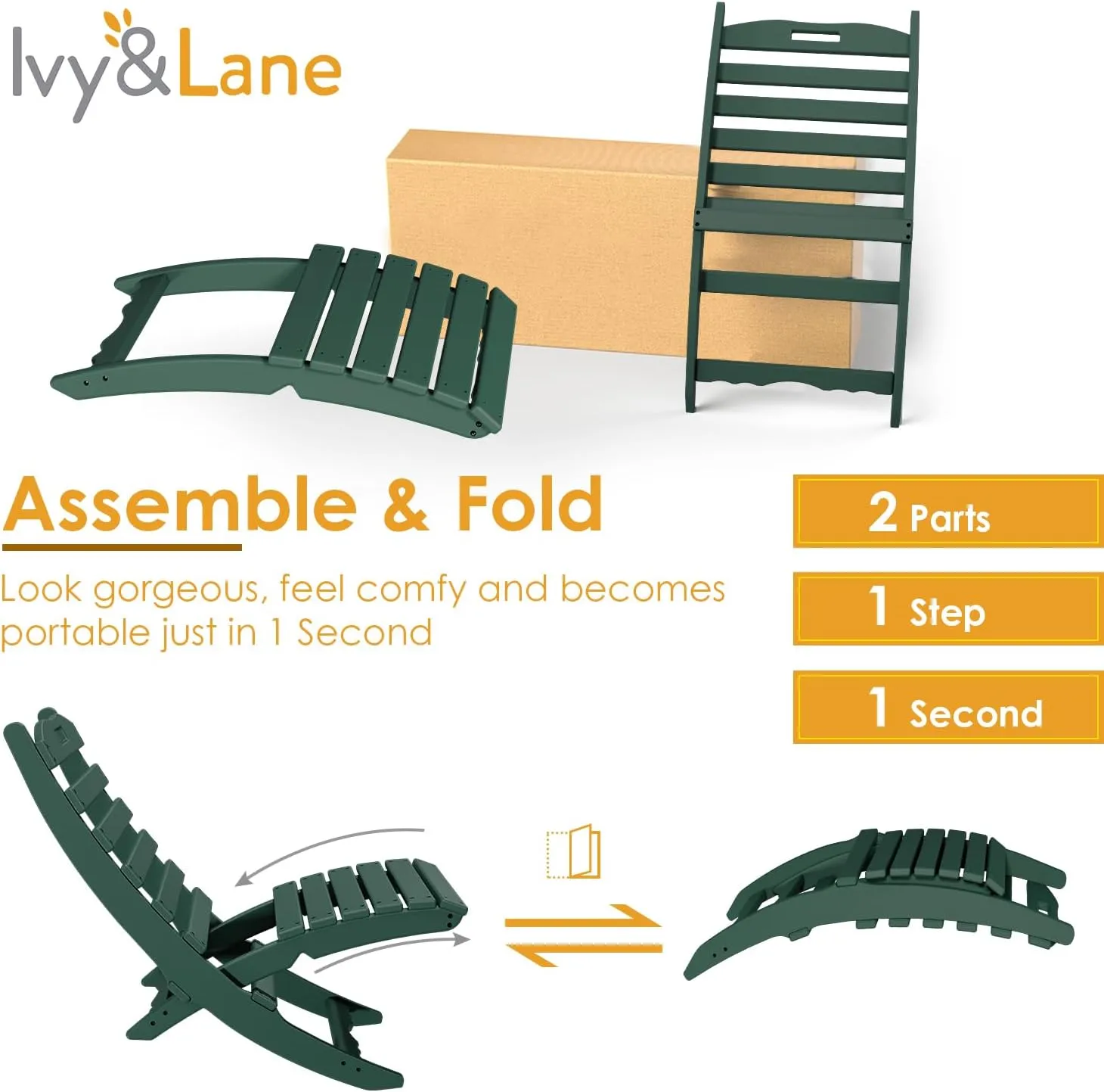 IVY&LANE Portable Xavier-Chair | Folding-Adirondack-Chairs | Wave | HDPE Plastic | Limited Edition | Forest Green | All-Weather Resistant | for Outdoor Fire-Pit Patio Lawn Beach Poolside