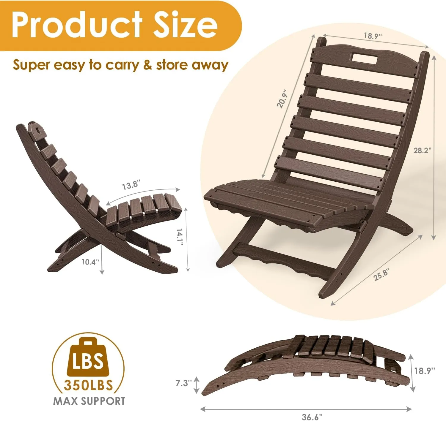 IVY&LANE Portable Xavier-Chair | Folding-Adirondack-Chairs | Wave | HDPE Plastic | Wood Grain | Dark Brown | All-Weather Resistant | for Outdoor Fire-Pit Patio Lawn Beach Poolside