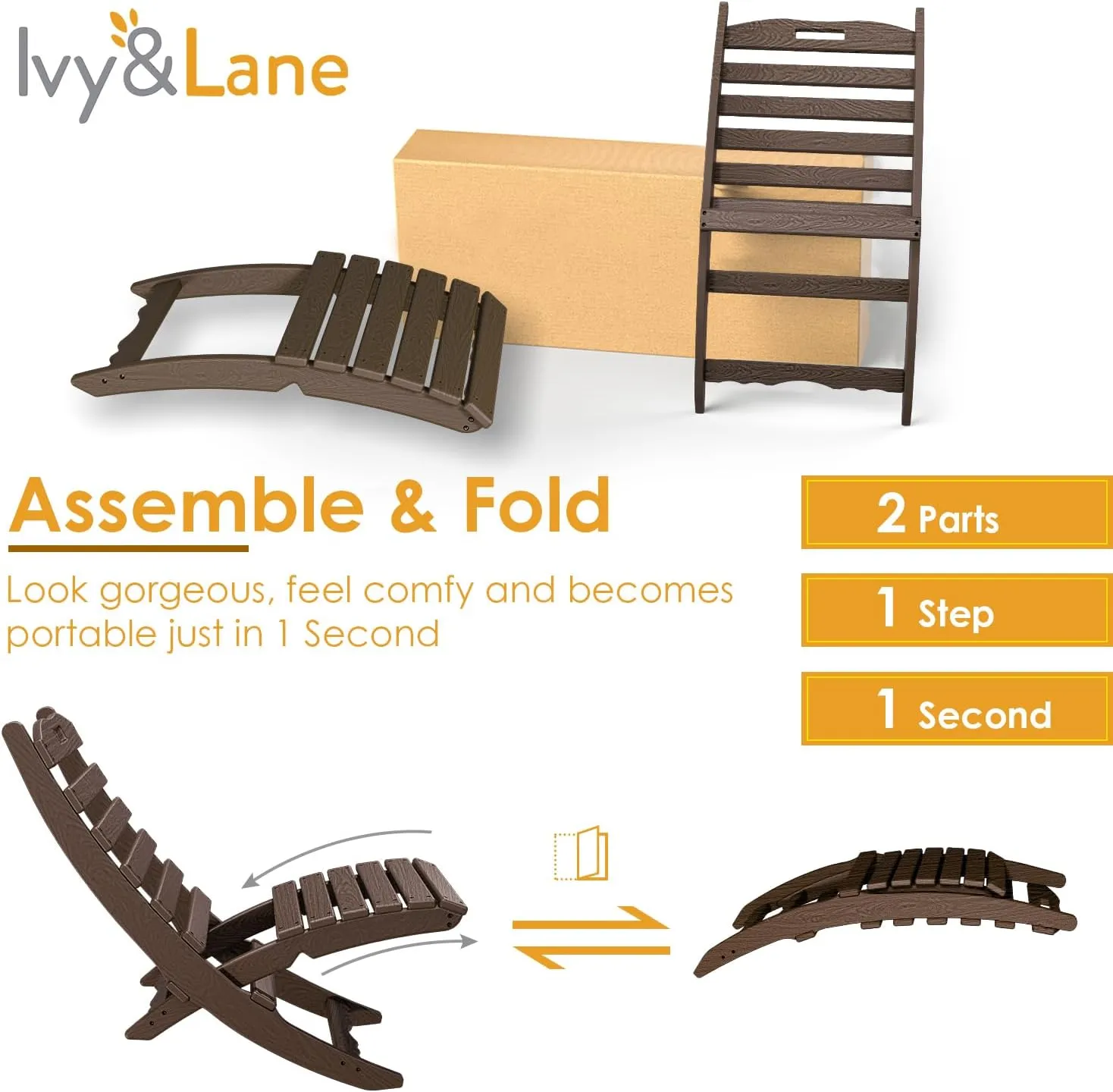IVY&LANE Portable Xavier-Chair | Folding-Adirondack-Chairs | Wave | HDPE Plastic | Wood Grain | Dark Brown | All-Weather Resistant | for Outdoor Fire-Pit Patio Lawn Beach Poolside