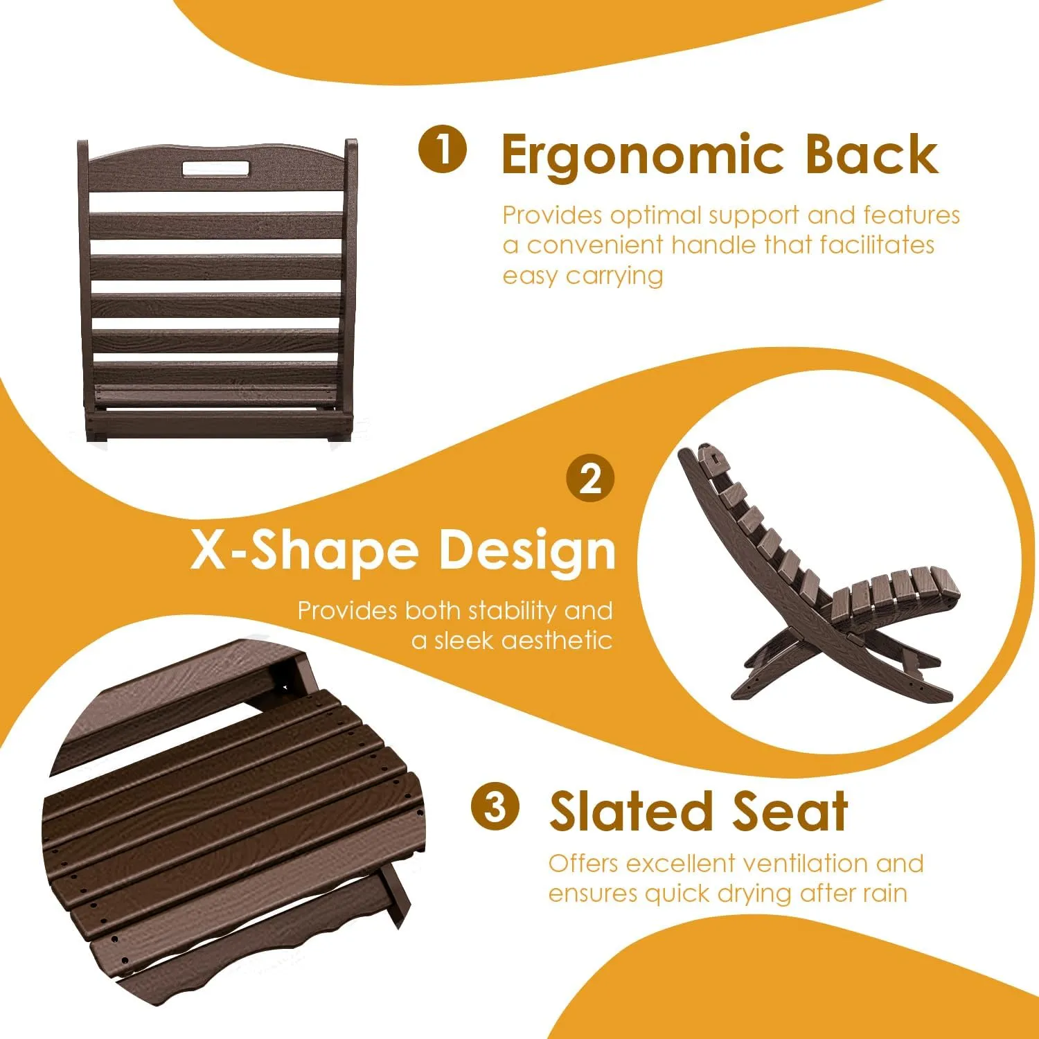 IVY&LANE Portable Xavier-Chair | Folding-Adirondack-Chairs | Wave | HDPE Plastic | Wood Grain | Dark Brown | All-Weather Resistant | for Outdoor Fire-Pit Patio Lawn Beach Poolside