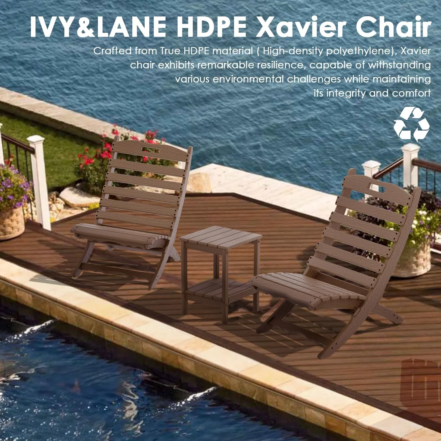 IVY&LANE Portable Xavier-Chair | Folding-Adirondack-Chairs | Wave | HDPE Plastic | Wood Grain | Dark Brown | All-Weather Resistant | for Outdoor Fire-Pit Patio Lawn Beach Poolside