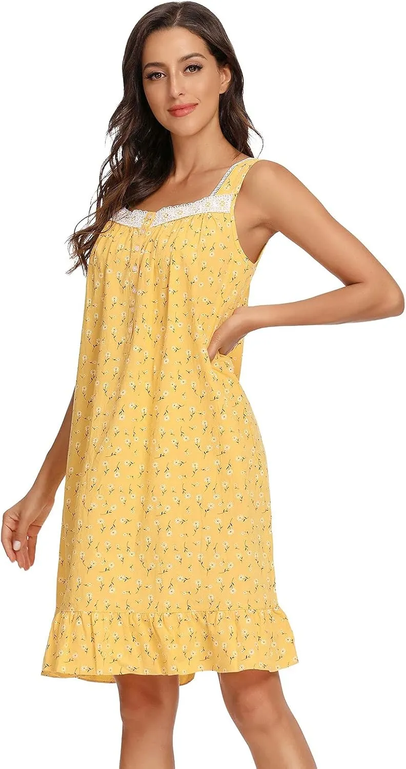 IZZY   TOBY Lightweight Cotton Nightgowns for Women Sleeveless Cotton Nightgown Mid-Calf Ladies Nightdress