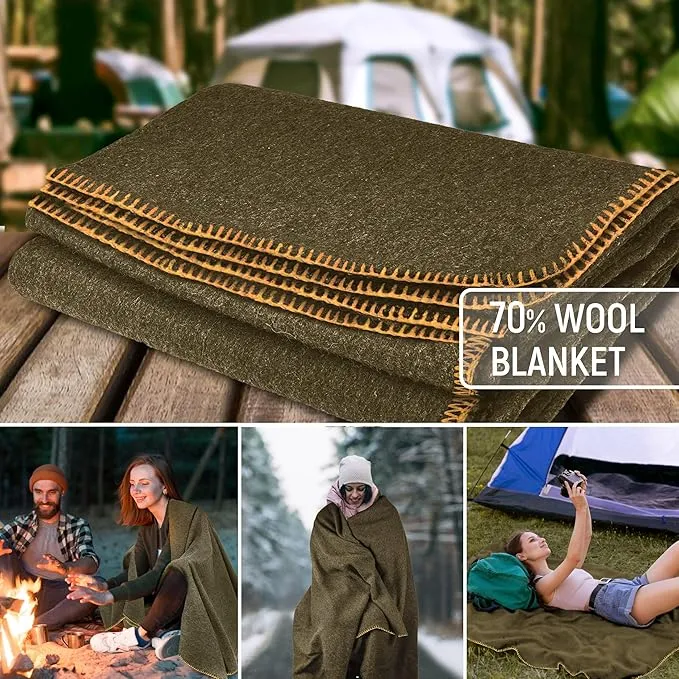 JMR Wool Camping Blanket - Warm Heavy Car Blanket & Camp Quilt - Survival Emergency Blanket 4 Sleeping Outdoors - Multi-Use Wool Blanket Camping, Car & Home - 80% Wool, Olive Green, 66X90, Case of 10