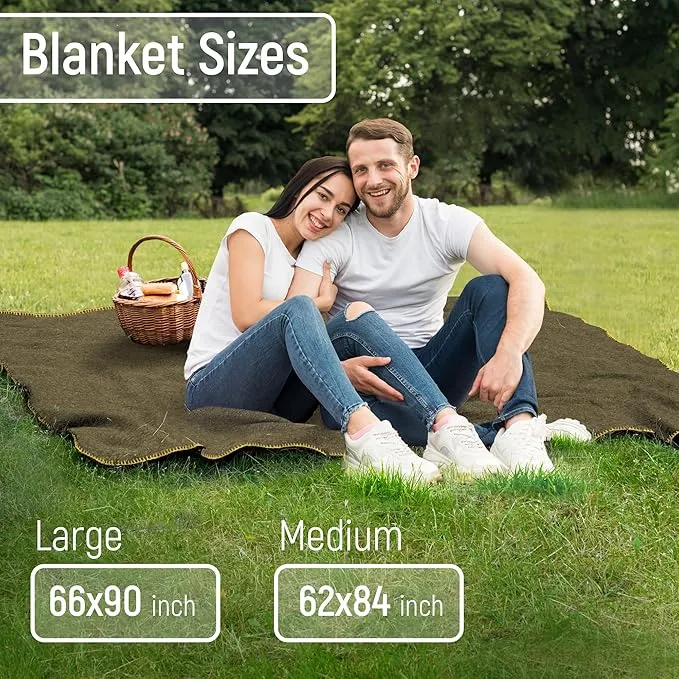 JMR Wool Camping Blanket - Warm Heavy Car Blanket & Camp Quilt - Survival Emergency Blanket 4 Sleeping Outdoors - Multi-Use Wool Blanket Camping, Car & Home - 80% Wool, Olive Green, 66X90, Case of 10