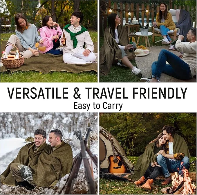 JMR Wool Camping Blanket - Warm Heavy Car Blanket & Camp Quilt - Survival Emergency Blanket 4 Sleeping Outdoors - Multi-Use Wool Blanket Camping, Car & Home - 80% Wool, Olive Green, 66X90, Case of 10