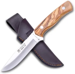 Joker Bushcraft model Arrui12 CO63 knife, Olive wood handle, 4.72 inches stainless steel blade, brown leather Sheath, Tool for fishing, Hunting, camping and hiking