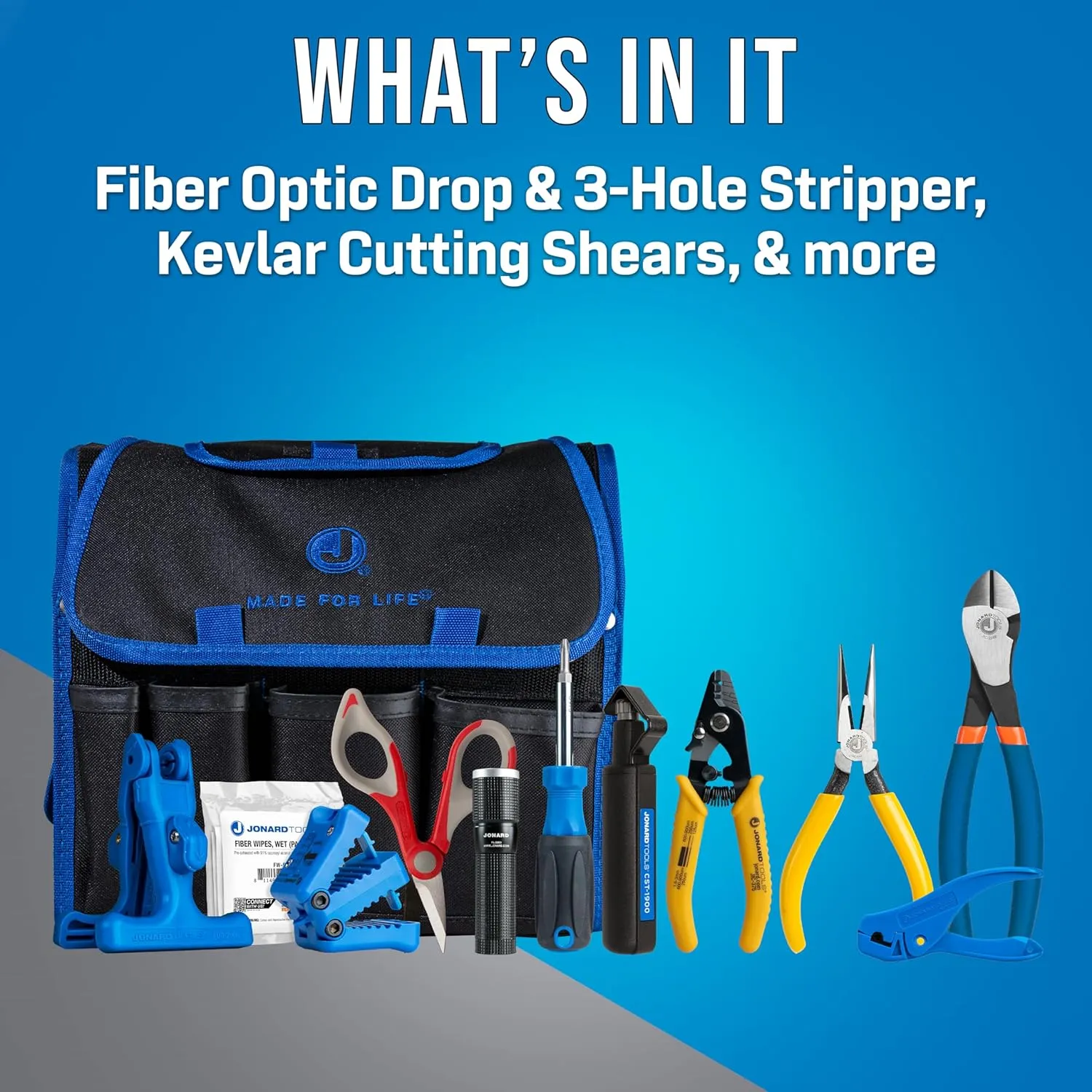 Jonard Tools TK-121 Fiber Prep Kit  - 12 Piece Premium Fiber Optic Cable Access and Termination Tools set with Stripping, Ringing, And Cutting Tools