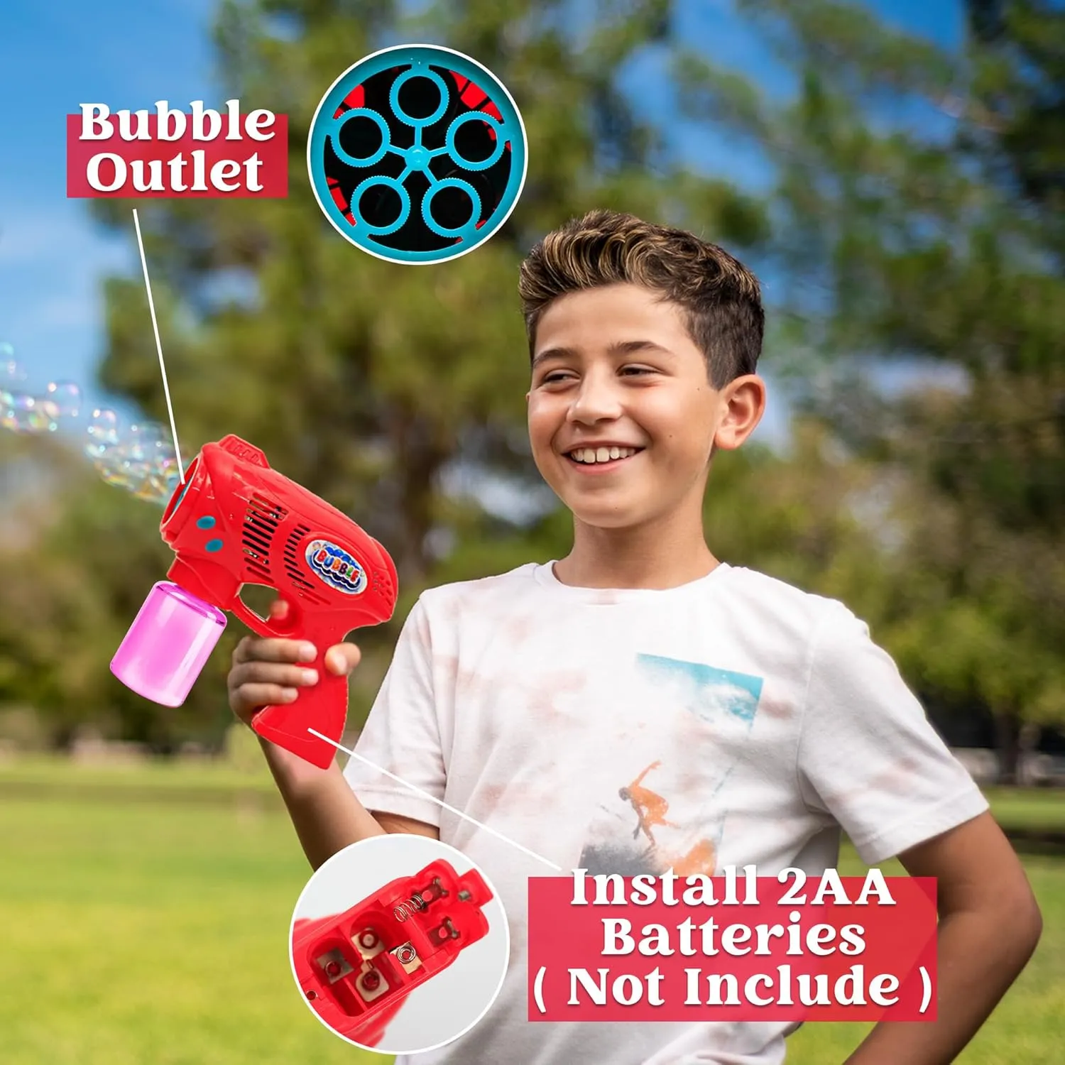 JOYIN 2 Bubble Guns with 2 Refill Solution (10 oz Total), Bubbles Maker, Blower, Machine Gun Blaster for Kids, Toddlers, Outdoors Activity, Party, Birthday Gift, Easter Toys (Blue Red)