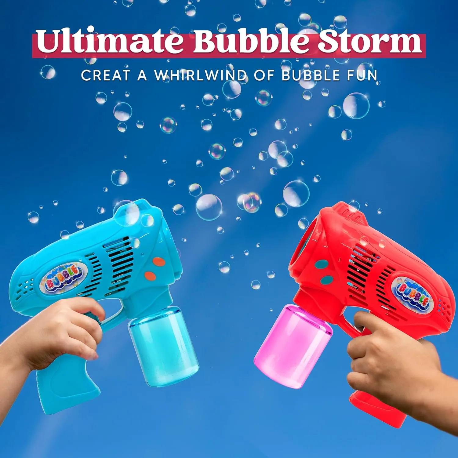 JOYIN 2 Bubble Guns with 2 Refill Solution (10 oz Total), Bubbles Maker, Blower, Machine Gun Blaster for Kids, Toddlers, Outdoors Activity, Party, Birthday Gift, Easter Toys (Blue Red)