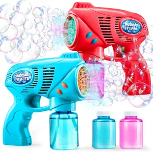 JOYIN 2 Bubble Guns with 2 Refill Solution (10 oz Total), Bubbles Maker, Blower, Machine Gun Blaster for Kids, Toddlers, Outdoors Activity, Party, Birthday Gift, Easter Toys (Blue Red)