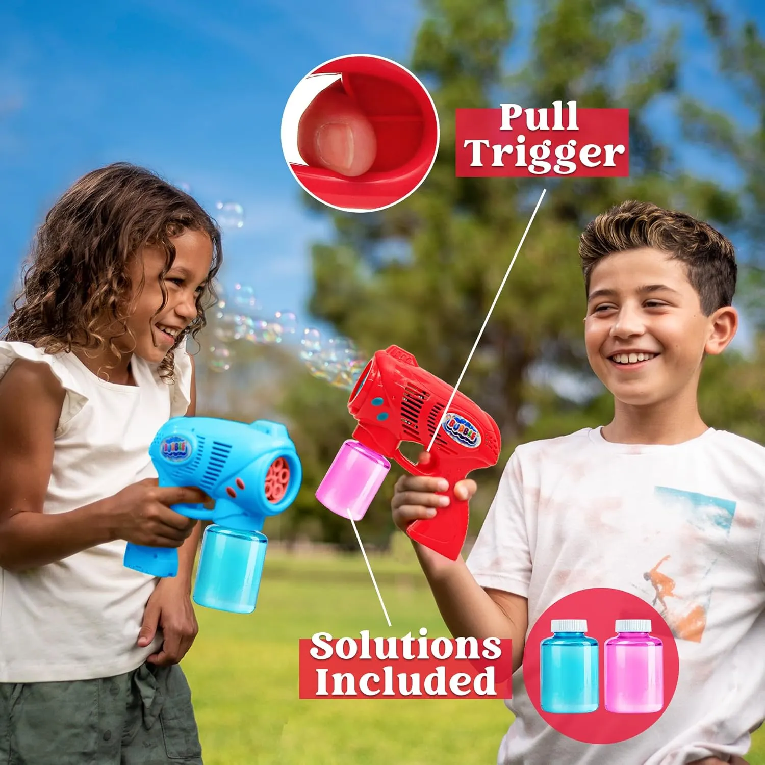 JOYIN 2 Bubble Guns with 2 Refill Solution (10 oz Total), Bubbles Maker, Blower, Machine Gun Blaster for Kids, Toddlers, Outdoors Activity, Party, Birthday Gift, Easter Toys (Blue Red)