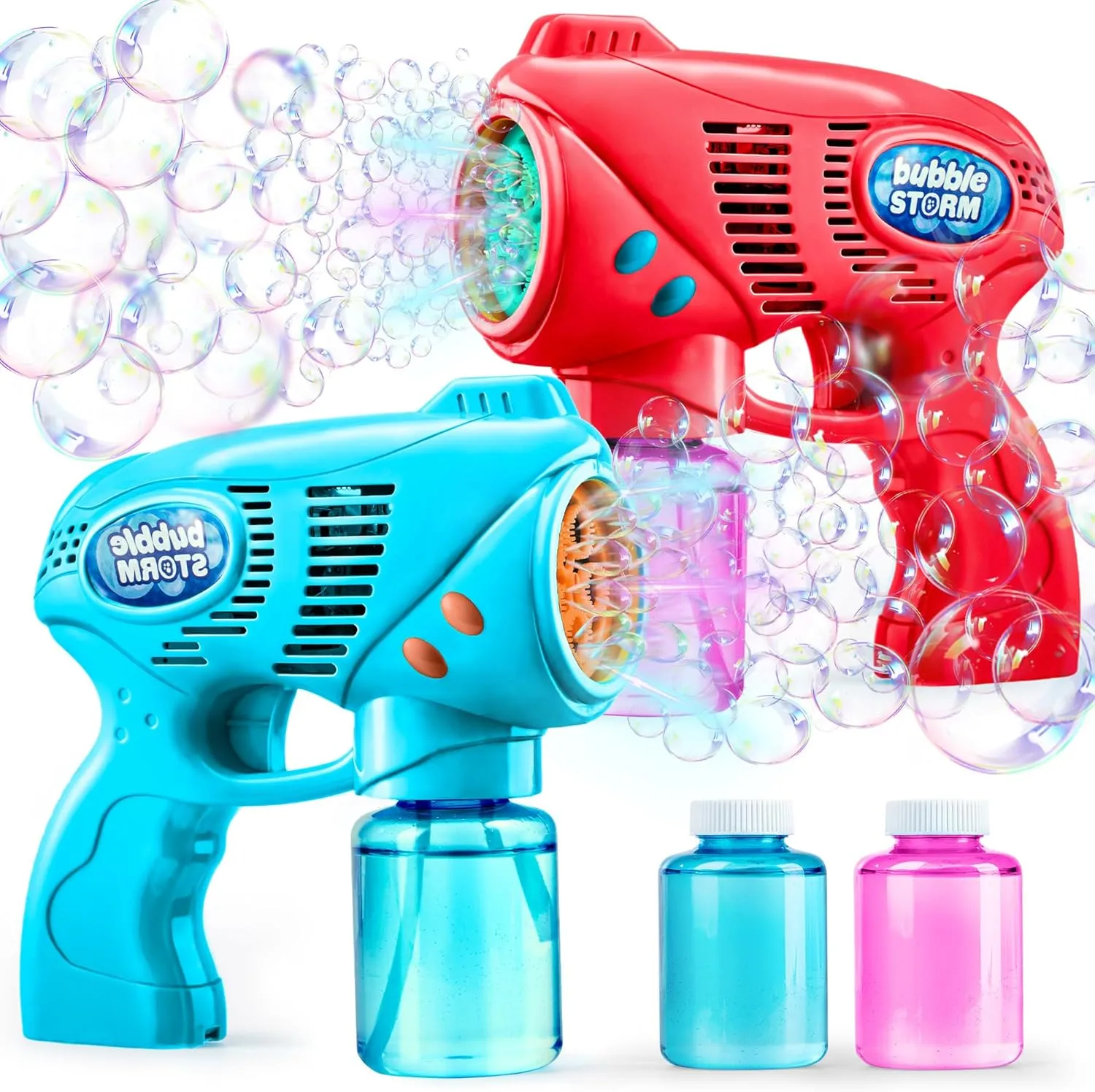 JOYIN 2 Bubble Guns with 2 Refill Solution (10 oz Total), Bubbles Maker, Blower, Machine Gun Blaster for Kids, Toddlers, Outdoors Activity, Party, Birthday Gift, Easter Toys (Blue Red)