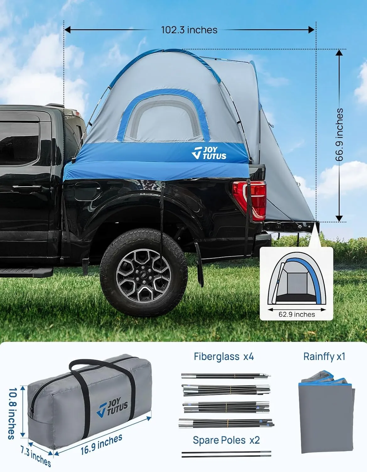 JOYTUTUS Truck Tent, Portable Truck Bed Tent with Rainfly, 5FT - 6.5FT Truck Tent with Waterproof PU2000mm Double Layer for 2 Person - Blue