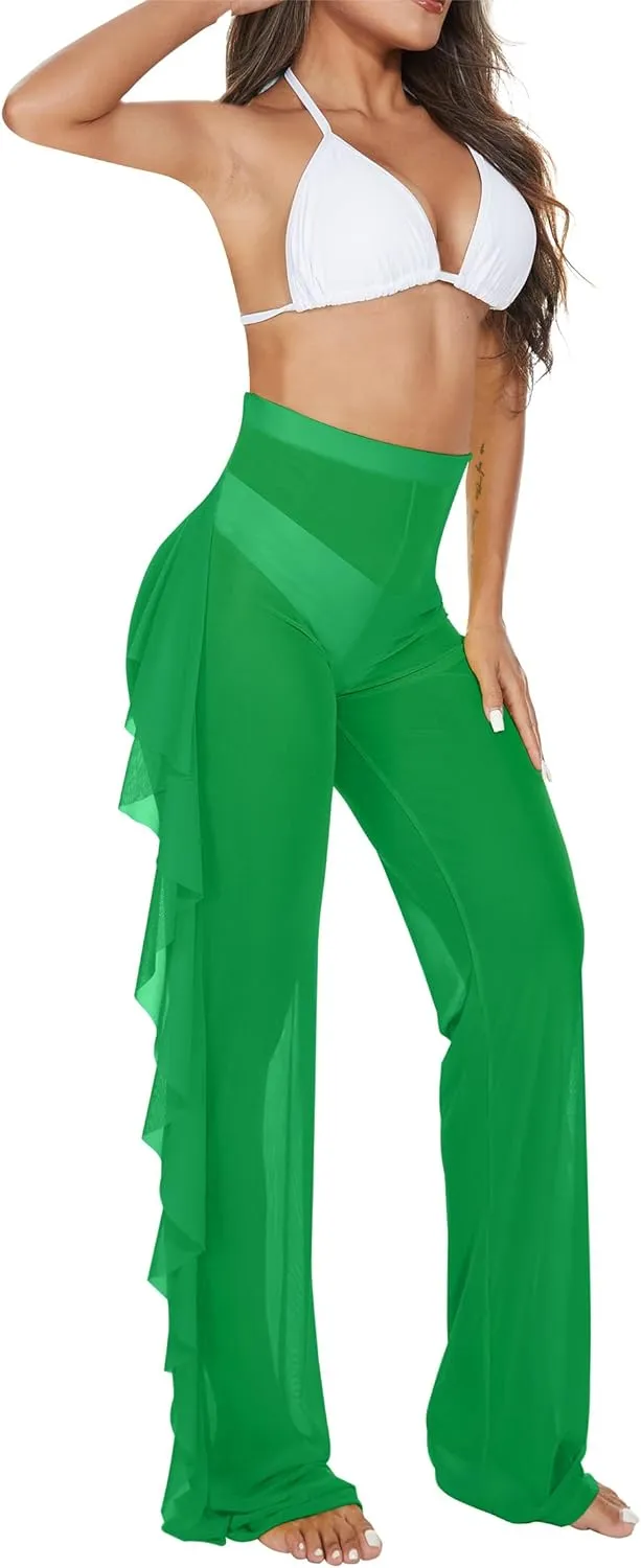 Jumppmile Women's Ruffle Sheer Mesh Swimwear Bikini Cover Up Pants See Through